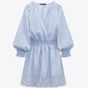 Zara Blue Embroidered Summer Long Sleeve Mini Dress